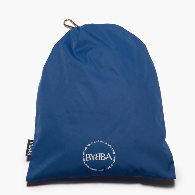 Blue packable, foldable, reusable bag made from recycled ocean plastic by BYBBA