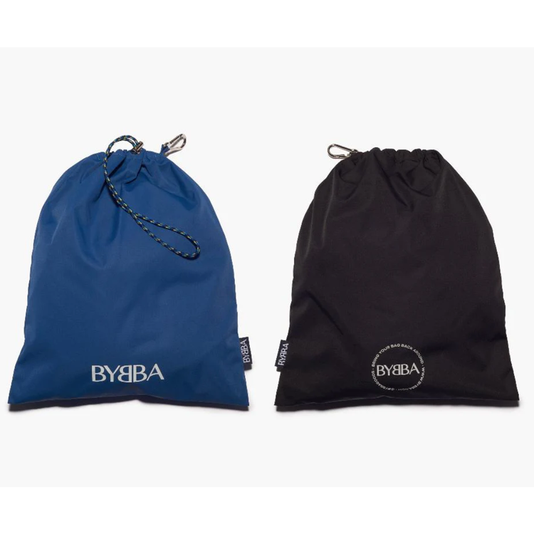 Packable, foldable, reusable bags made from recycled ocean plastic by BYBBA, in blue and black.