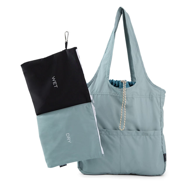 misty blue bag with black and misty blue wet and dry pouch