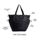 Black tote bag with side pockets and descriptions of componets