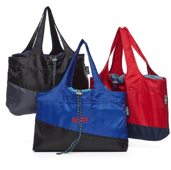 three bags in black, blue, and red