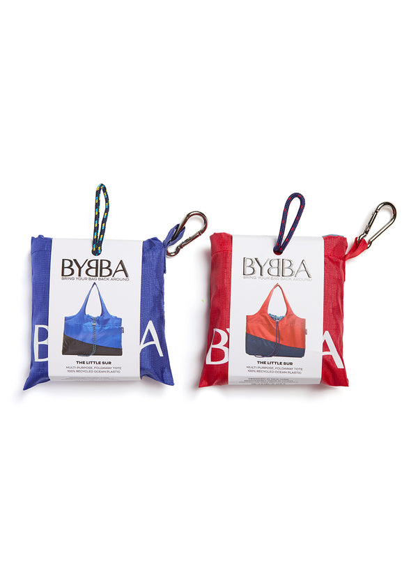 Packaged pouched travel bags; blue and red