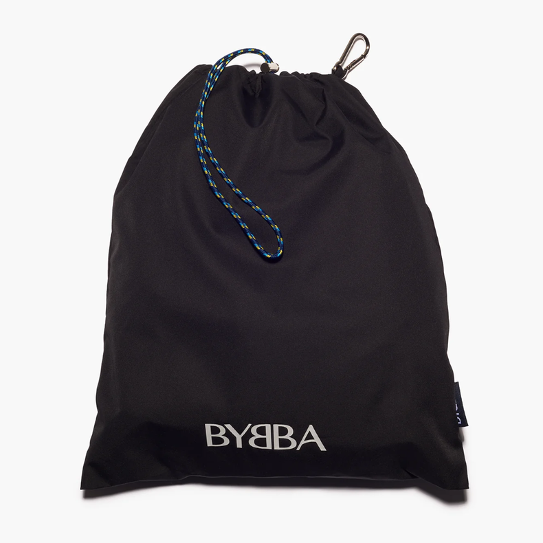 Black BYBBA packable, foldable, reusable bag made from recycled ocean plastic with blue-yellow drawstring