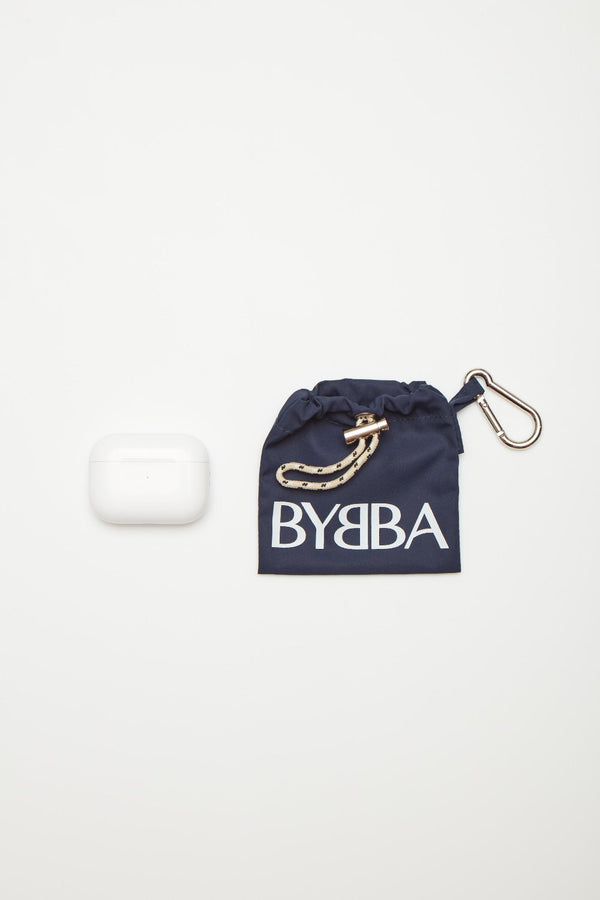 navy pouch with ear buds