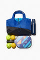 blue pickle ball bag with paddle, 4 balls, and water bottle