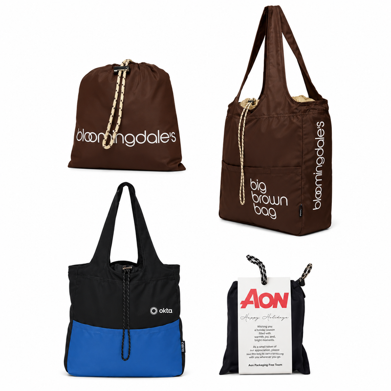 BYBBA tote bags and pouches in brown, black, and blue, featuring drawstring closures, long handles, and branded designs for Bloomingdale’s, Okta, and Aon.