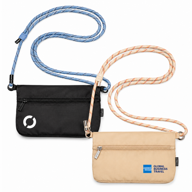 BYBBA branded crossbody travel pouches in black and beige, featuring front zip pockets, adjustable rope straps in blue and orange, and branded details for Global Business Travel.