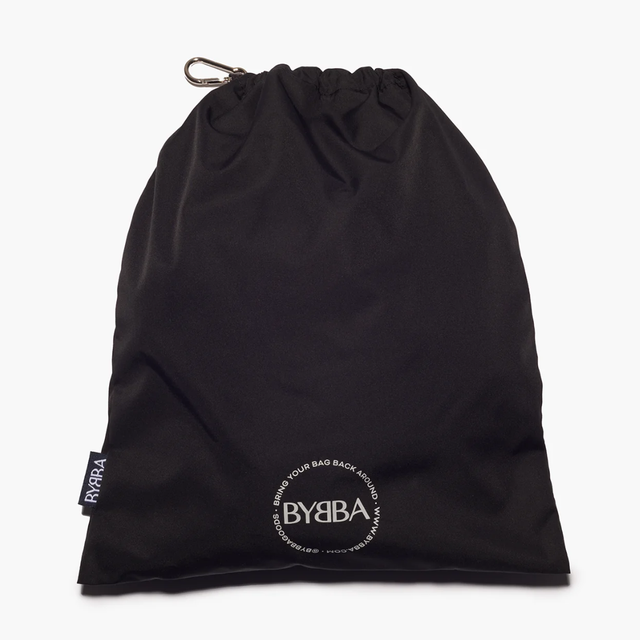 Packable, foldable, reusable black drawstring bag made from recycled ocean plastic by BYBBA
