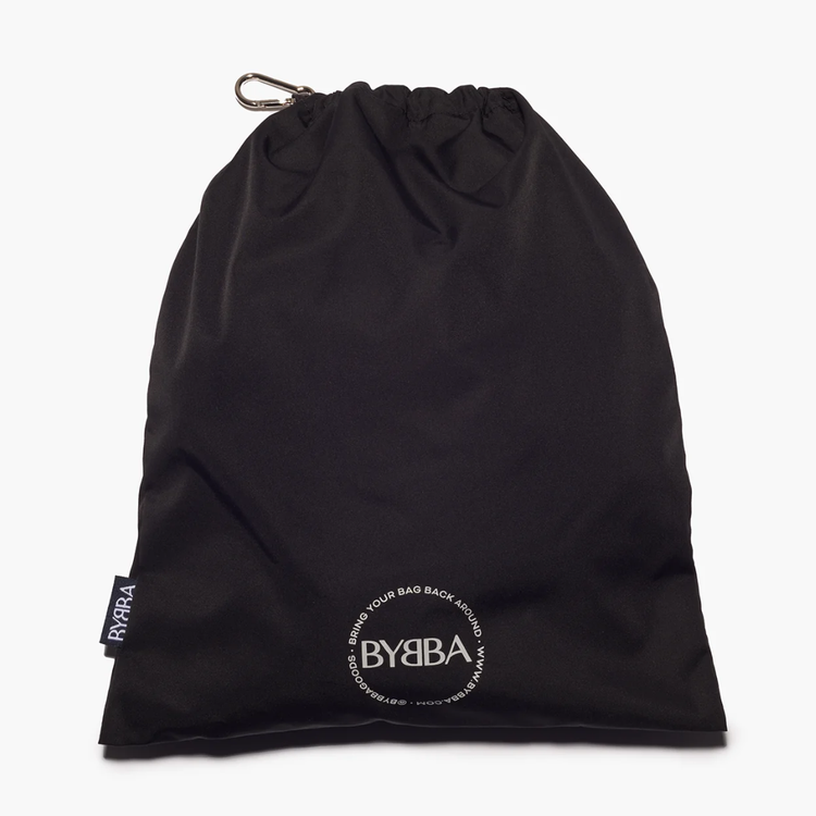 Packable, foldable, reusable black drawstring bag made from recycled ocean plastic by BYBBA