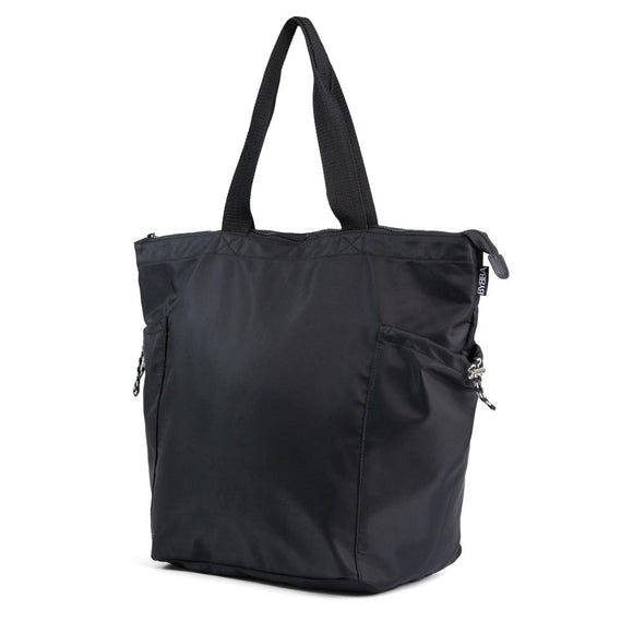 angled view of black tote bag