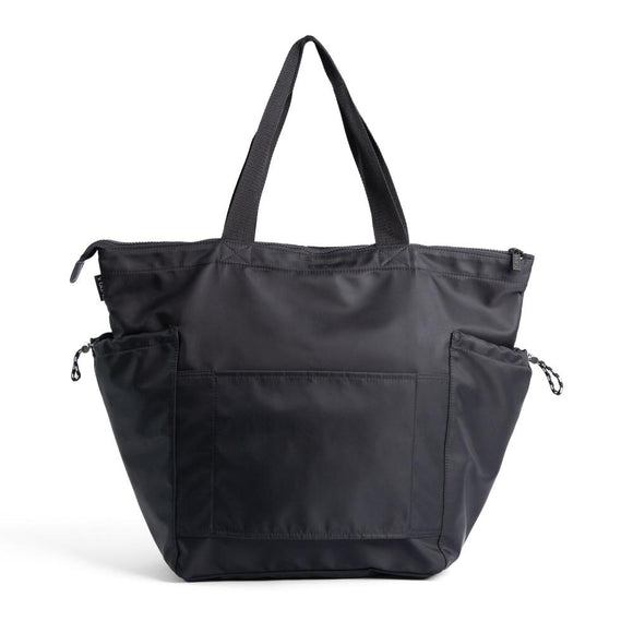 Front view of black tote bag with side pockets and a front pocket