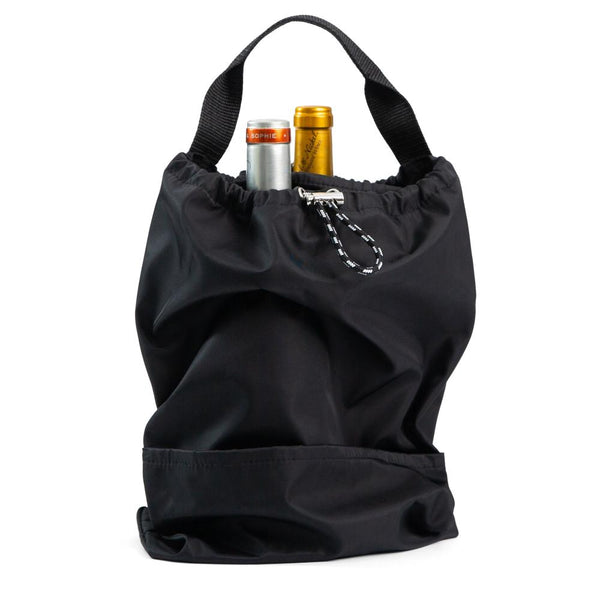 Front view of large black bag holding two bottles