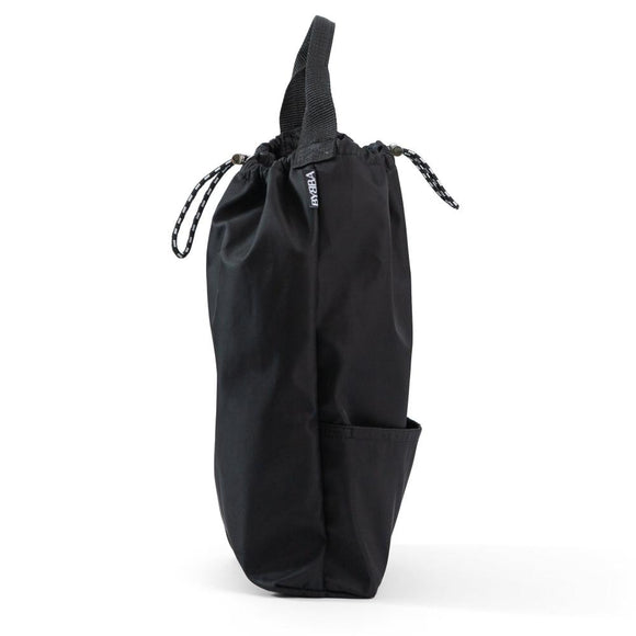 Side view of large black bag with divided front and back sides