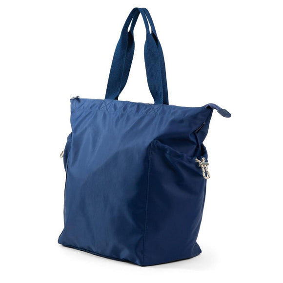 Angled view of navy tote bag with side pockets