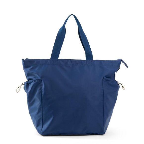 Front view of navy tote bag with side pockets