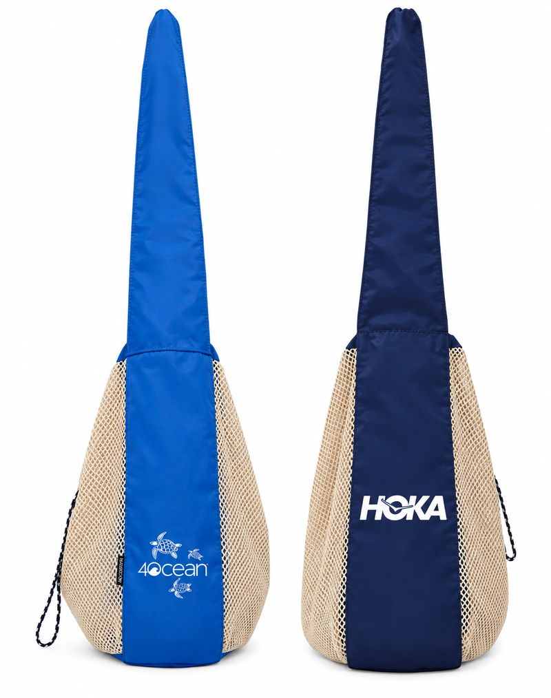 BYBBA, 4Ocean, and HOKA branded mesh drawstring bags in bright blue and navy, featuring beige mesh side panels and long tapered fabric tops.