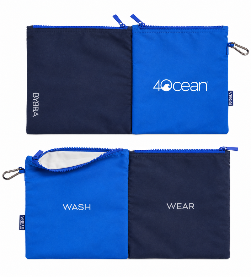 BYBBA and 4Ocean reusable pouch set featuring blue and navy zippered pouches labeled “WASH” and “WEAR,” with silver carabiner clips and BYBBA branding.