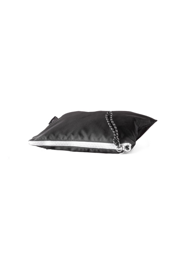 top view of white zipper of black pouch
