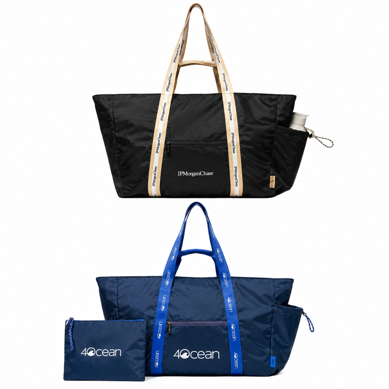 BYBBA tote bags in black and navy, featuring JPMorganChase and 4Ocean branding, front zip pockets, side pockets, long branded handles, and matching zippered pouches.
