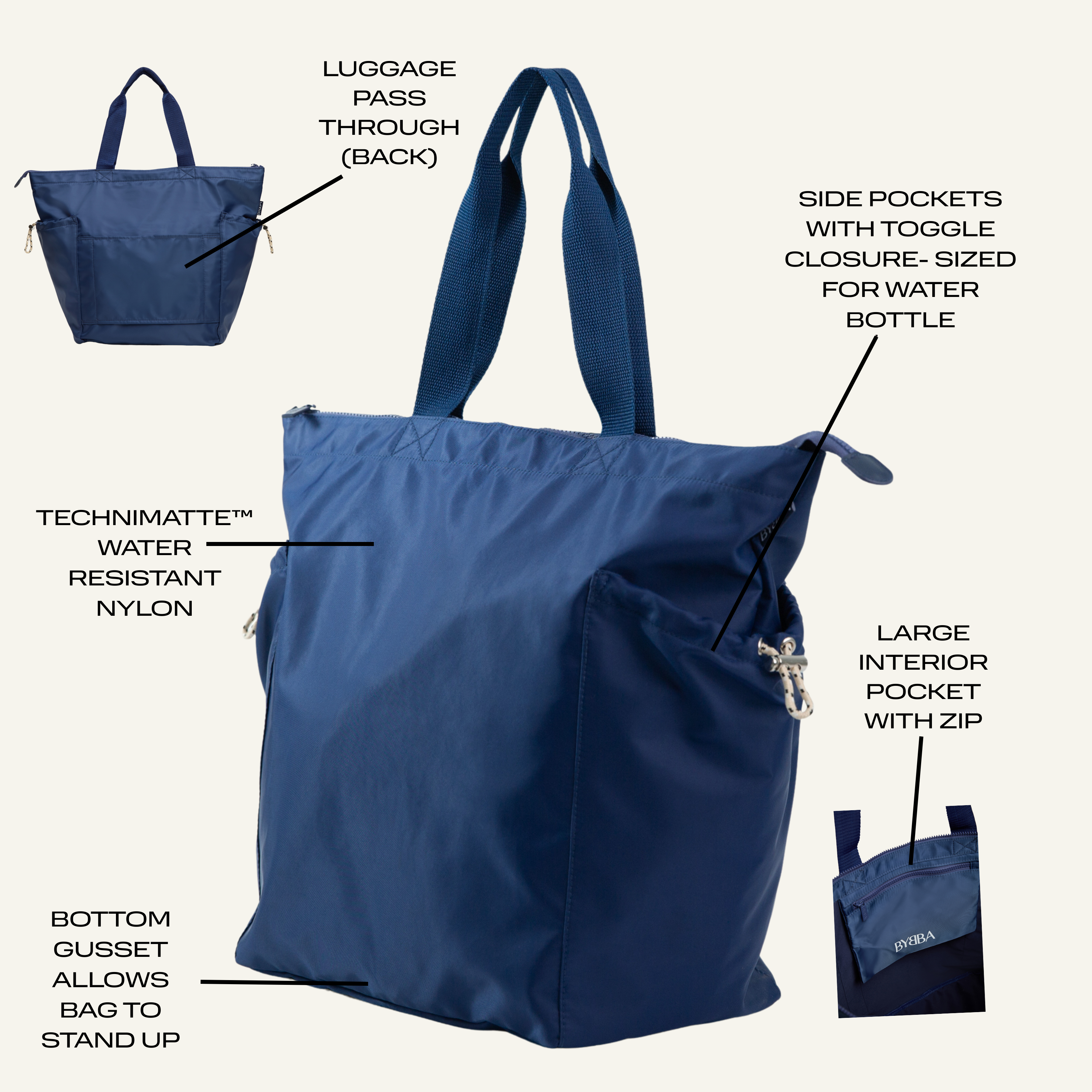 BYBBA Ripple Navy Blue – Large Zip Tote Bag Work Travel - Holds