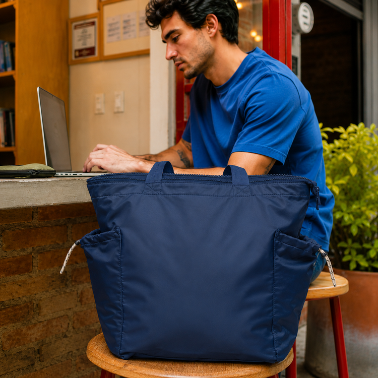 BYBBA Ripple Navy Blue – Large Zip Tote Bag Work Travel - Holds