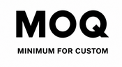 BYBBA “MOQ Minimum for Custom” graphic featuring a bold black MOQ logo with an arrow symbol and large uppercase text on a white background.