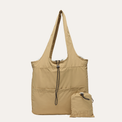 Beige tote bag with a smaller matching pouch on a white background