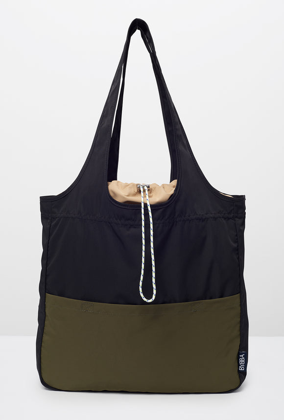two-tone black and green tote bag with drawstring