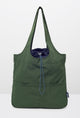 Green tote bag with drawstring closure