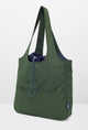 Green shoulder tote bag with front pockets and drawstring