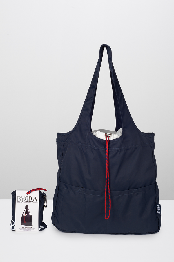 Navy blue tote bag comes with a carrying pouch attached